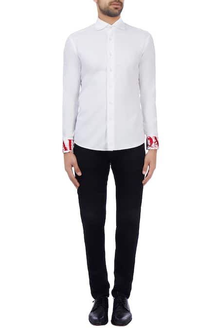 Shop_Vikram Bajaj_White Cotton Solid Embroidered Cuff Shirt_Online_at_Aza_Fashions