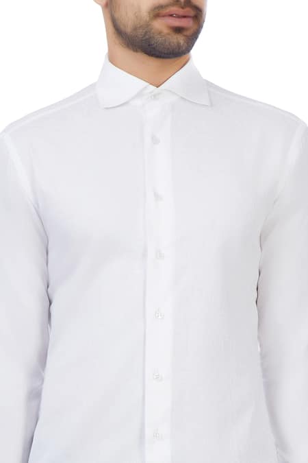 Vikram Bajaj_White Cotton Solid Embroidered Cuff Shirt_at_Aza_Fashions