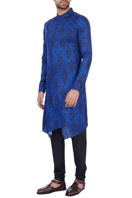 Dhruv Vaish Royal Blue Modal Satin Printed Kurta Set