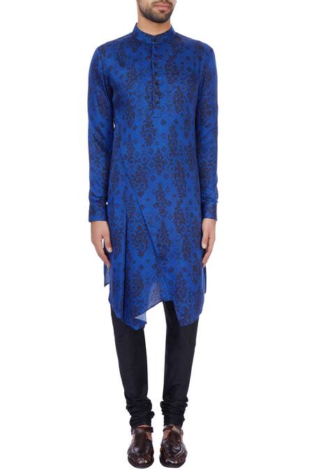 Shop_Dhruv Vaish_Royal Blue Modal Satin Printed Kurta Set_Online_at_Aza_Fashions