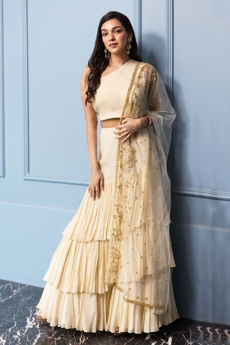 Cream Chinon Silk Woven Butti Lehenga with Lace - PCCEJ1890 from...