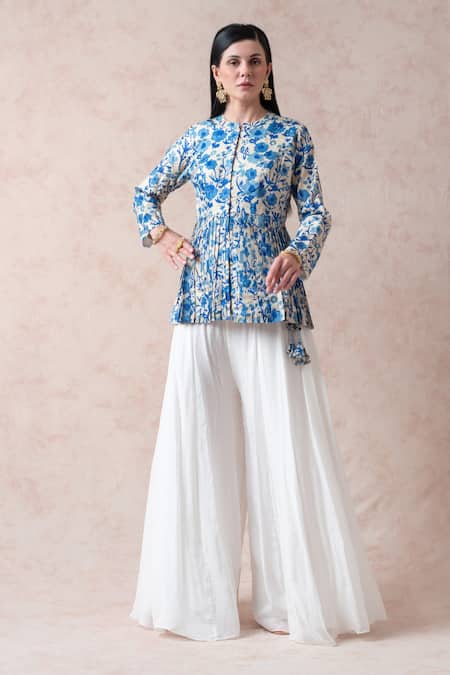 Thetaa_Blue Tussar, Silk, Viscose, Velour Mughal Floral Print Peplum Kurta Sharara Set _Online_at_Aza_Fashions