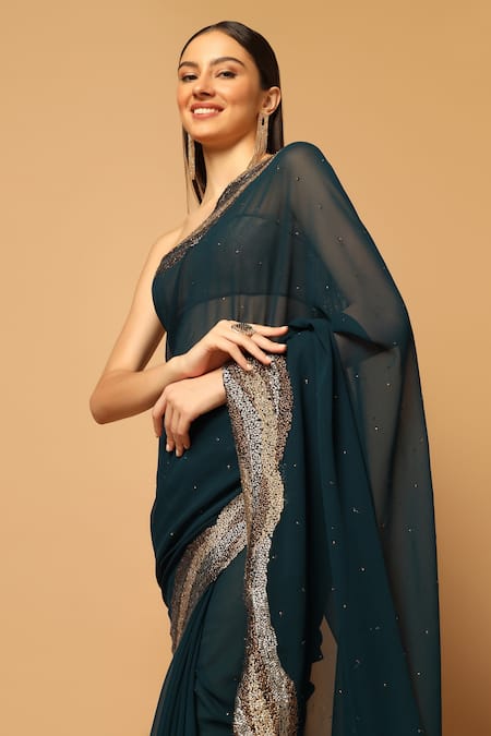 Two Sisters By Gyans Blue Georgette Wave Pattern Embroidered Saree With Unstitched Blouse Fabric at Aza Fashions Two Sisters By Gyans_Blue Georgette Wave Pattern Embroidered Saree With Unstitched Blouse Fabric _at_Aza_Fashions