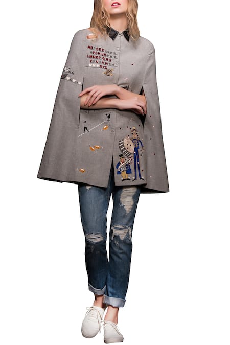 Shahin Mannan Grey Cotton Wool Embroidered Thread Work Collared Neck Cape  