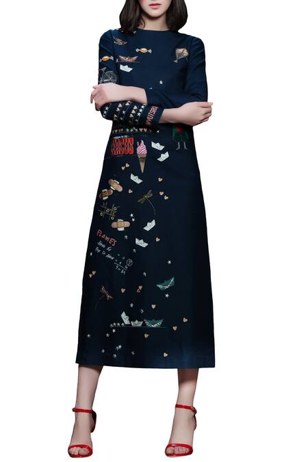 Shahin Mannan Blue Navy Embroidered Midi Dress For Women