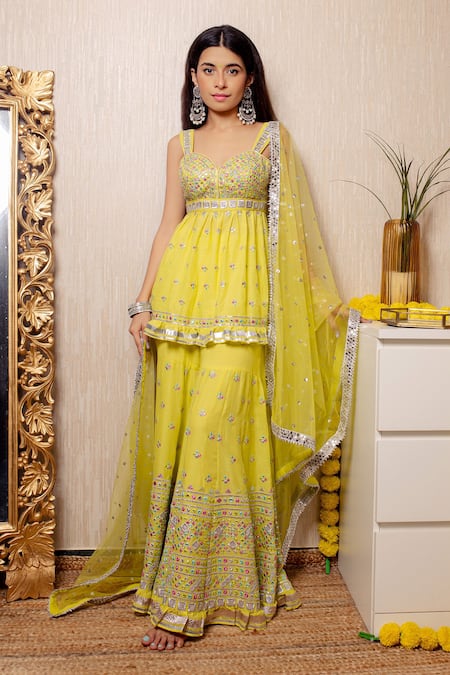 Gopi Vaid Yellow Tunic And Sharara Cotton Silk Dupatta Net Peplum Set  