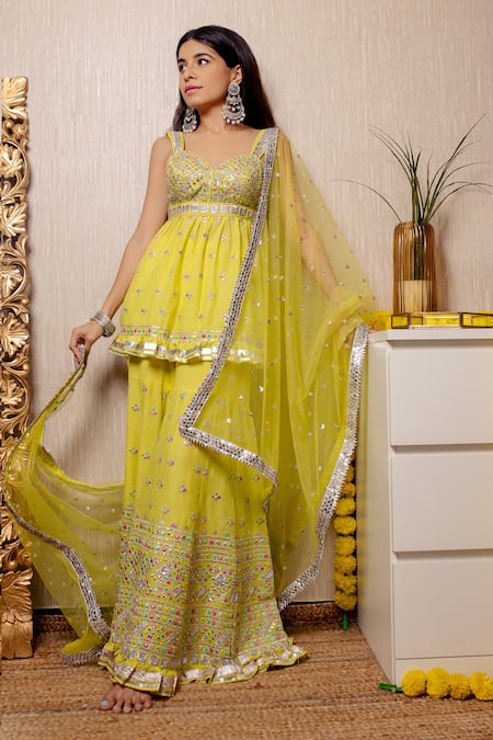 Gopi Vaid_Yellow Tunic And Sharara Cotton Silk Dupatta Net Sweetheart Neck Peplum Set _Online_at_Aza_Fashions