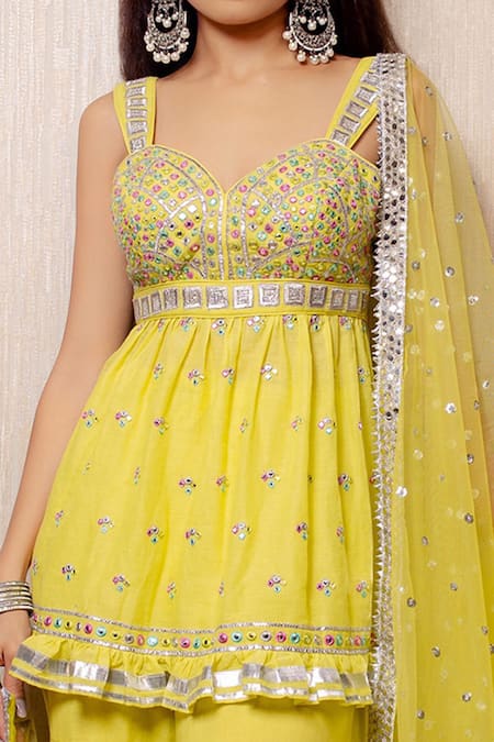 Shop_Gopi Vaid_Yellow Tunic And Sharara Cotton Silk Dupatta Net Sweetheart Neck Peplum Set _Online_at_Aza_Fashions