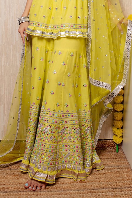 Gopi Vaid_Yellow Tunic And Sharara Cotton Silk Dupatta Net Sweetheart Neck Peplum Set _at_Aza_Fashions