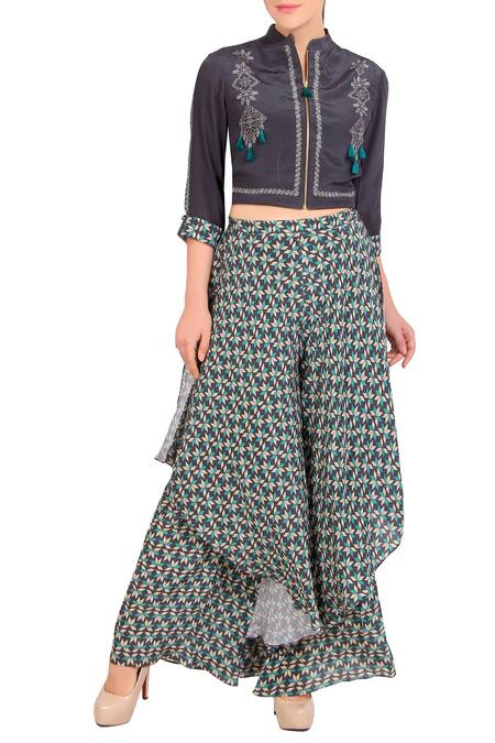 Soup by Sougat Paul Grey Crepe Printed Floral Charcoal Jacket And Double Layer Pants For Women