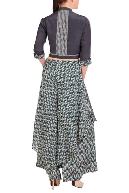 Shop_Soup By Sougat Paul_Grey Crepe Floral Print Band Collar Charcoal Jacket And Double Layer Pants _at_Aza_Fashions