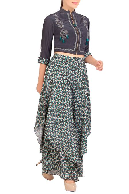 Soup By Sougat Paul_Grey Crepe Floral Print Band Collar Charcoal Jacket And Double Layer Pants _Online_at_Aza_Fashions