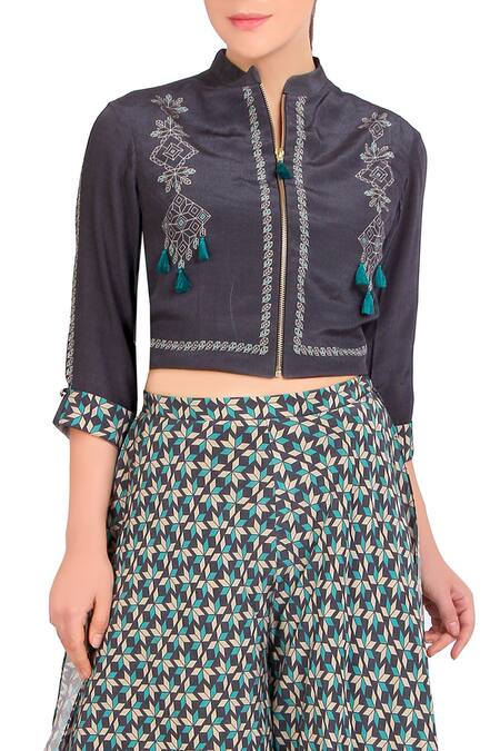 Buy_Soup By Sougat Paul_Grey Crepe Floral Print Band Collar Charcoal Jacket And Double Layer Pants _Online_at_Aza_Fashions