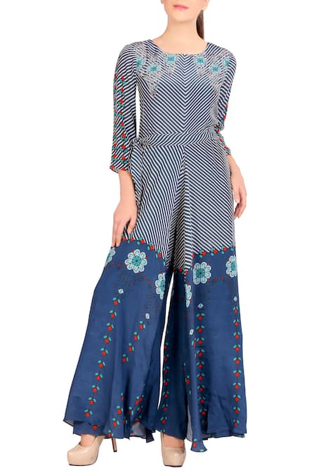 Soup By Sougat Paul Sky Blue Printed Crepe Jumpsuit 