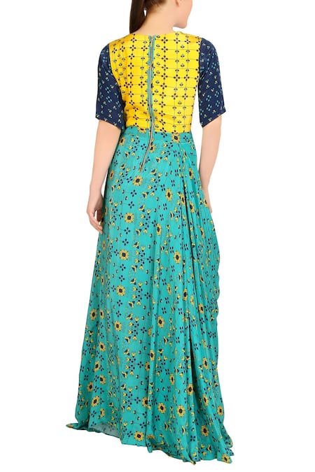 Soup By Sougat Paul Blue printed saree gown 
