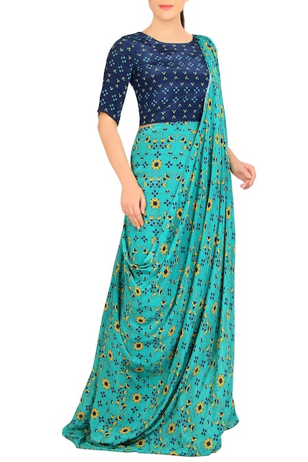 Soup By Sougat Paul_Blue Crepe Floral Print Band Collar Saree Gown _Online_at_Aza_Fashions