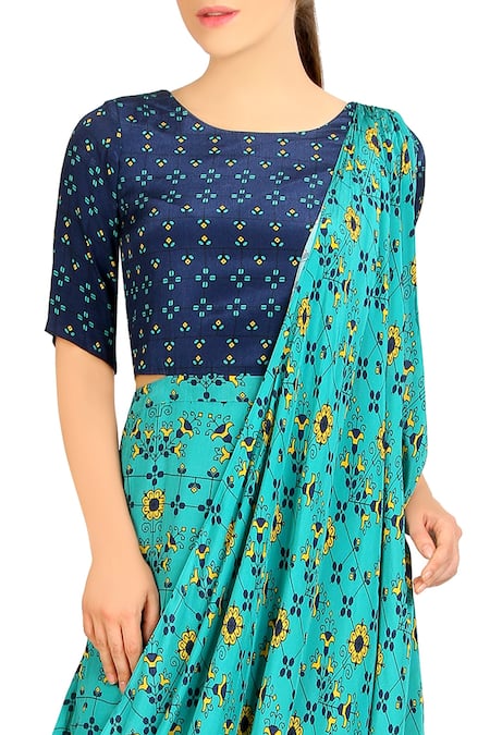 Buy_Soup By Sougat Paul_Blue Crepe Floral Print Band Collar Saree Gown _Online_at_Aza_Fashions