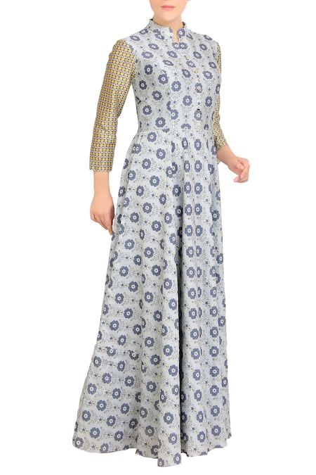 Soup By Sougat Paul_Blue Printed Pleated Dress _Online_at_Aza_Fashions