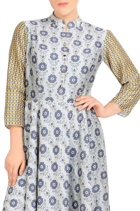 Buy_Soup By Sougat Paul_Blue Printed Pleated Dress _Online_at_Aza_Fashions