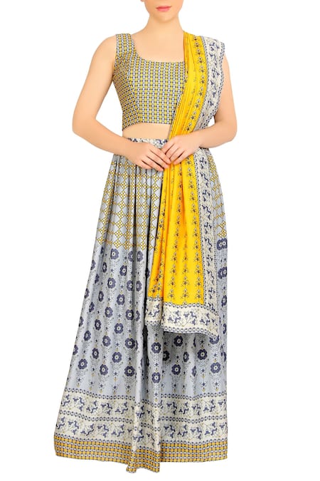 Soup By Sougat Paul Blue Satin U Neck Printed Lehenga Set 
