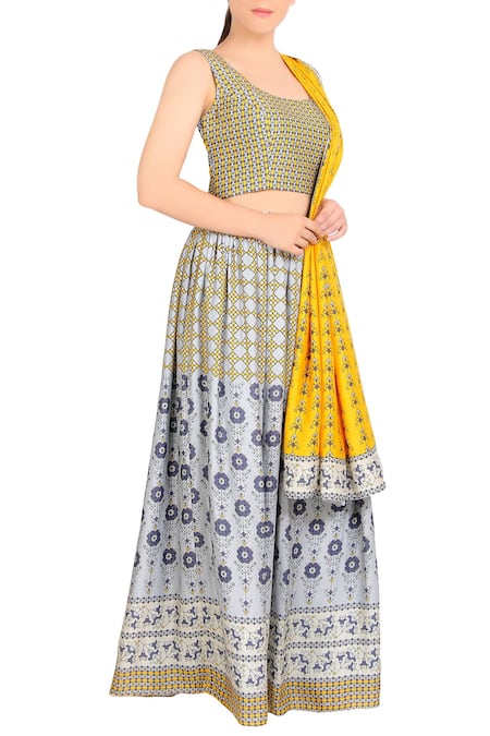 Soup By Sougat Paul_Blue Satin U Neck Printed Lehenga Set _Online_at_Aza_Fashions
