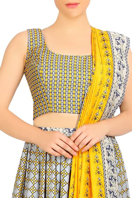 Buy_Soup By Sougat Paul_Blue Satin U Neck Printed Lehenga Set _Online_at_Aza_Fashions