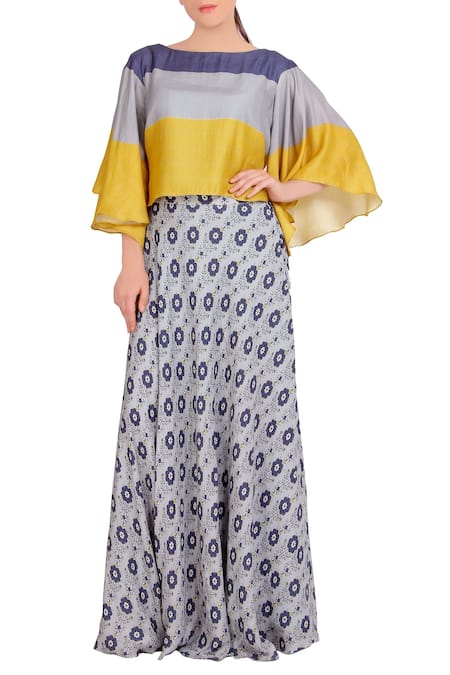Soup by Sougat Paul Blue Satin Printed Floral Boat Neck Skirt Set  