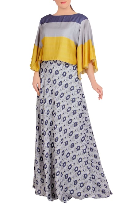 Soup By Sougat Paul_Blue Satin Floral, Geometric Boat Neck Printed Skirt Set _Online_at_Aza_Fashions