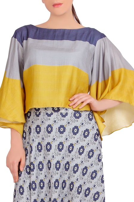 Buy_Soup By Sougat Paul_Blue Satin Floral, Geometric Boat Neck Printed Skirt Set _Online_at_Aza_Fashions