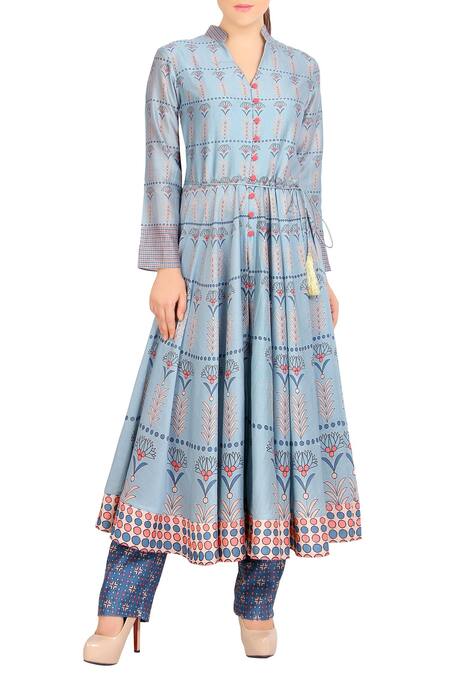 Soup by Sougat Paul Blue Printed Anarkali With Pants For Women