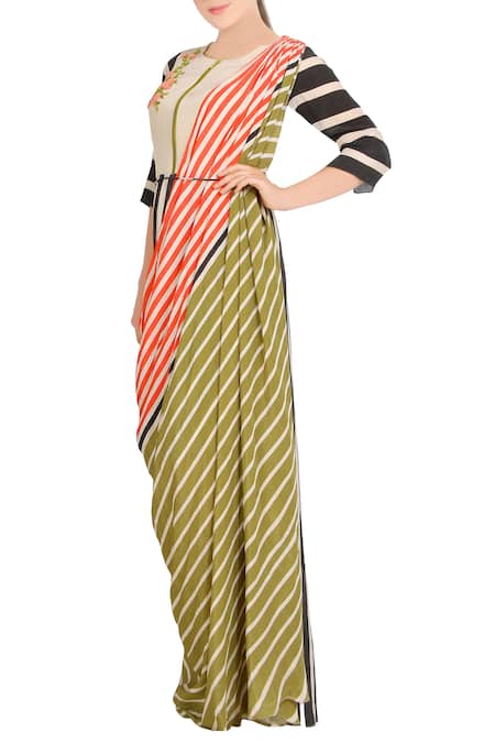 Soup By Sougat Paul_Multi Color Crepe Stripe Print And Thread Work Round Multicolored Concept Saree _Online_at_Aza_Fashions