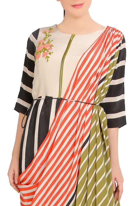 Buy_Soup By Sougat Paul_Multi Color Crepe Stripe Print And Thread Work Round Multicolored Concept Saree _Online_at_Aza_Fashions