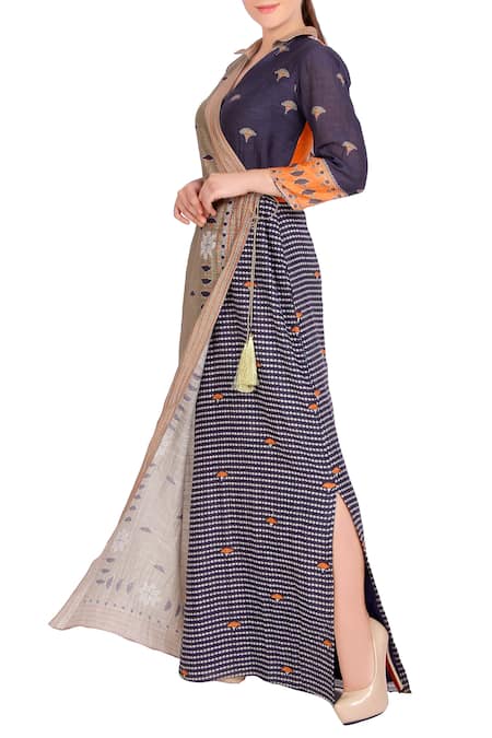 Soup By Sougat Paul_Blue And Grey Printed Wrap Dress _Online_at_Aza_Fashions