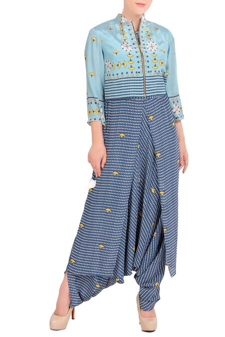 Soup by Sougat Paul Blue Printed Jumpsuit And Jacket For Women