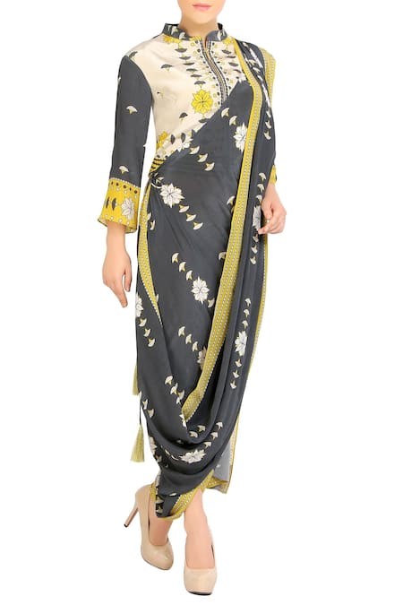 Soup by Sougat Paul Charcoal grey & yellow printed saree with jacket 