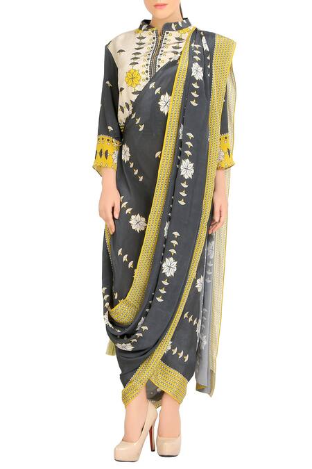 Soup By Sougat Paul_Yellow Crepe Floral Print Band Collar Charcoal Grey And Saree With Jacket _Online_at_Aza_Fashions