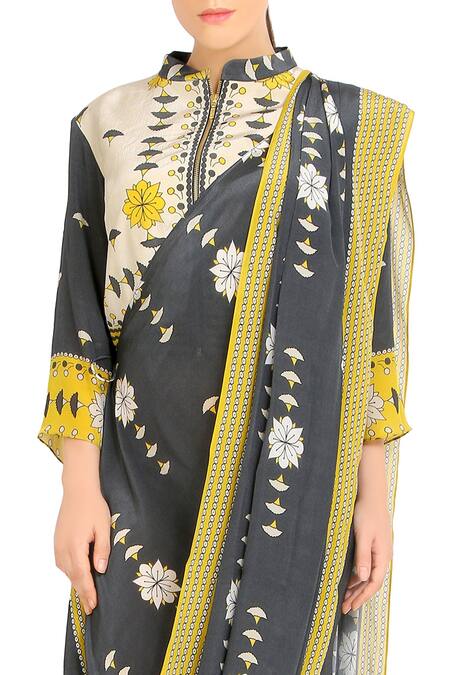 Buy Soup By Sougat Paul Yellow Crepe Floral Print Band Collar Charcoal Grey And Saree With Jacket Online at Aza Fashions Buy_Soup By Sougat Paul_Yellow Crepe Floral Print Band Collar Charcoal Grey And Saree With Jacket _Online_at_Aza_Fashions