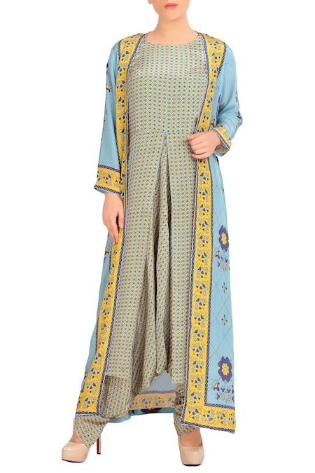 Soup by Sougat Paul Blue Printed Jumpsuit With Jacket  