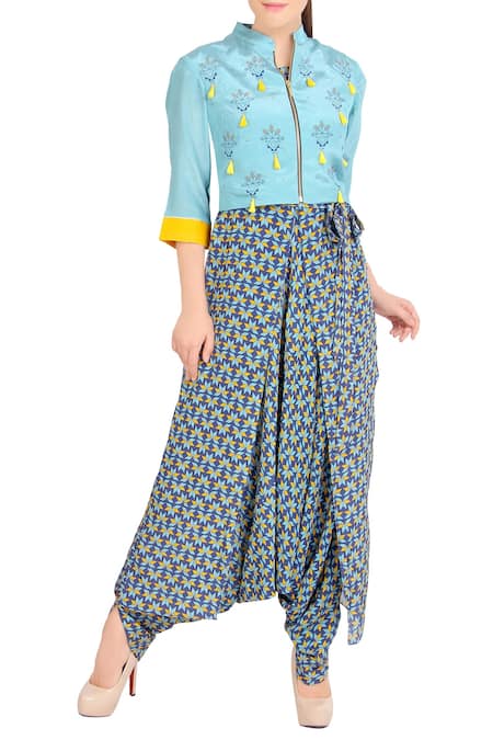 Soup by Sougat Paul Blue Printed Jumpsuit With Jacket  
