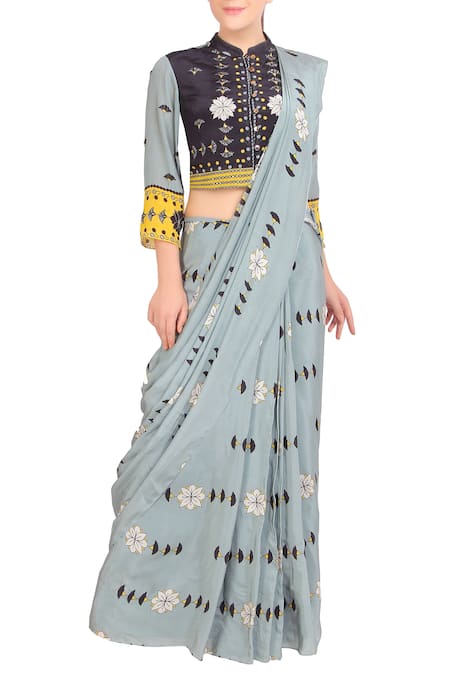 Soup By Sougat Paul Grey Crepe Pre-draped Saree With Blouse 