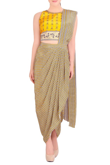 Soup by Sougat Paul Yellow Crepe Printed Geometric And Floral Round Concept Saree With Blouse 