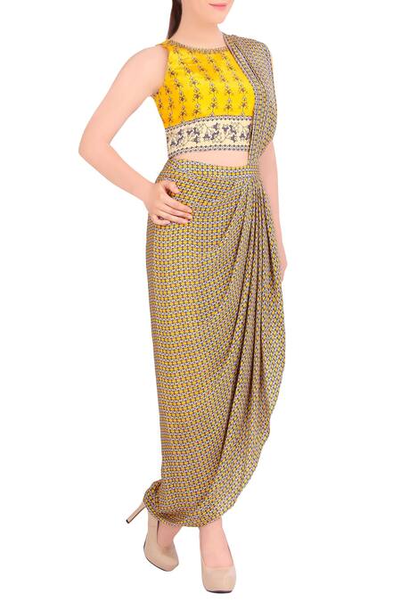 Soup By Sougat Paul_Yellow Crepe Geometric And Floral Print Round Neck Concept Saree With Blouse _Online_at_Aza_Fashions