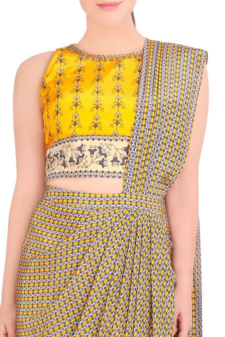 Buy Soup By Sougat Paul Yellow Crepe Geometric And Floral Print Round Neck Concept Saree With Blouse Online at Aza Fashions Buy_Soup By Sougat Paul_Yellow Crepe Geometric And Floral Print Round Neck Concept Saree With Blouse _Online_at_Aza_Fashions