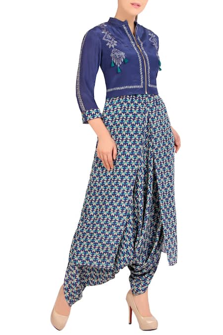 Soup By Sougat Paul_Blue Printed Dhoti Jumpsuit With Jacket _Online_at_Aza_Fashions
