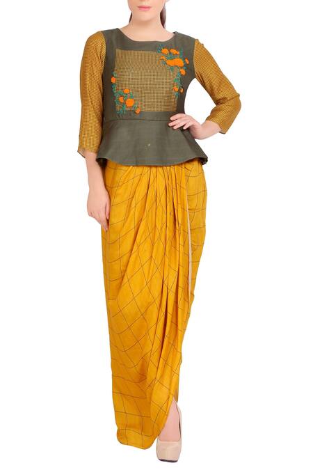 Soup by Sougat Paul Yellow Crepe Silk Printed Floral Scoop Neck Dhoti Skirt Set For Women