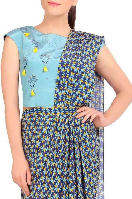 Buy Soup By Sougat Paul Blue Crepe Silk Floral Print Boat Neck Concept Saree With Blouse Online at Aza Fashions Buy_Soup By Sougat Paul_Blue Crepe Silk Floral Print Boat Neck Concept Saree With Blouse _Online_at_Aza_Fashions