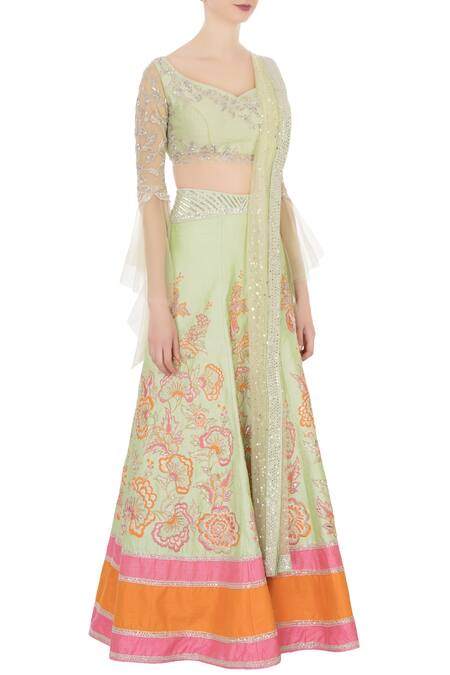 Neeta Lulla_Green Raw Silk Sequin Embellished Lehenga Set_Online_at_Aza_Fashions