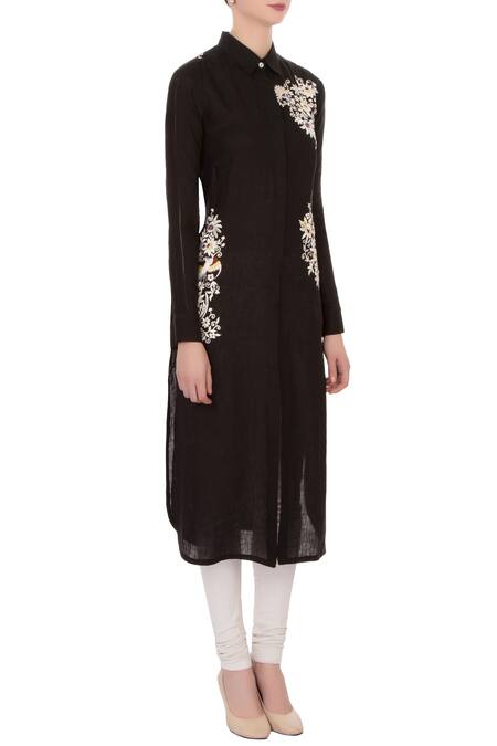 Aqube By Amber_Black Linen Embroidered Gara High Neck Collar Kurta_Online_at_Aza_Fashions