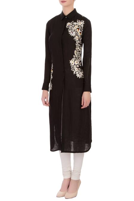 Buy_Aqube By Amber_Black Linen Embroidered Gara High Neck Collar Kurta_Online_at_Aza_Fashions