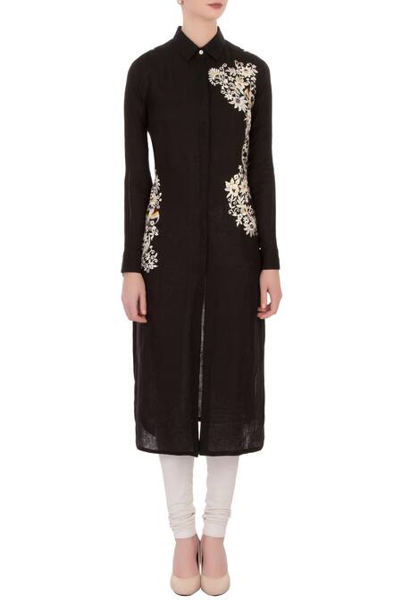 Shop_Aqube By Amber_Black Linen Embroidered Gara High Neck Collar Kurta_Online_at_Aza_Fashions
